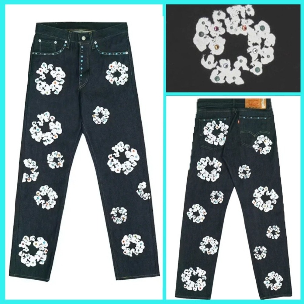 Denim Tears x Levi's 501 Cotton Rhinestone Wreath Jeans Black Size 30 x 32